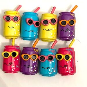 Lot of 8 colored 3D soda pop cans with movable straw diy crafts buttons
